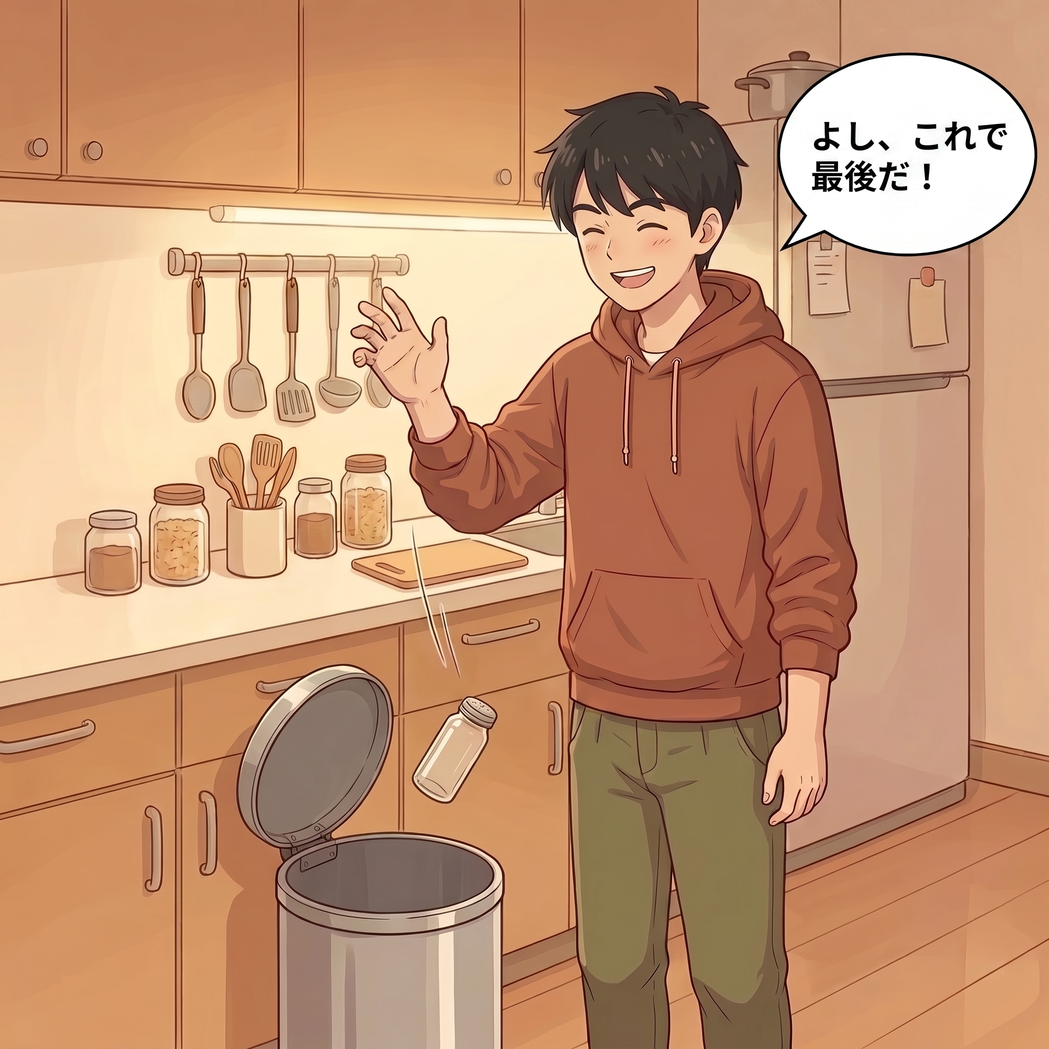空になった調味料の瓶を、夫が笑顔で「よし、これで最後だ!」とゴミ箱に放り込む。買い足しのメモは残さない。