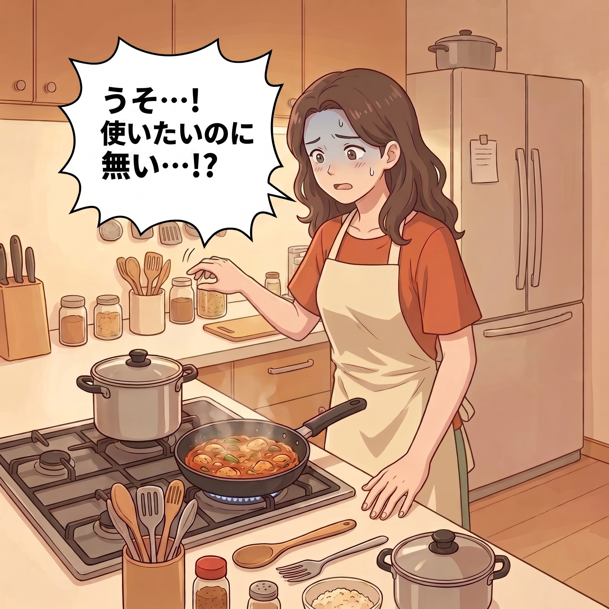 後日、エプロン姿の妻が料理中に同じ調味料を取ろうとして、瓶が無いことに気づき「うそ…!使いたいのに無い…!?」と青ざめる。