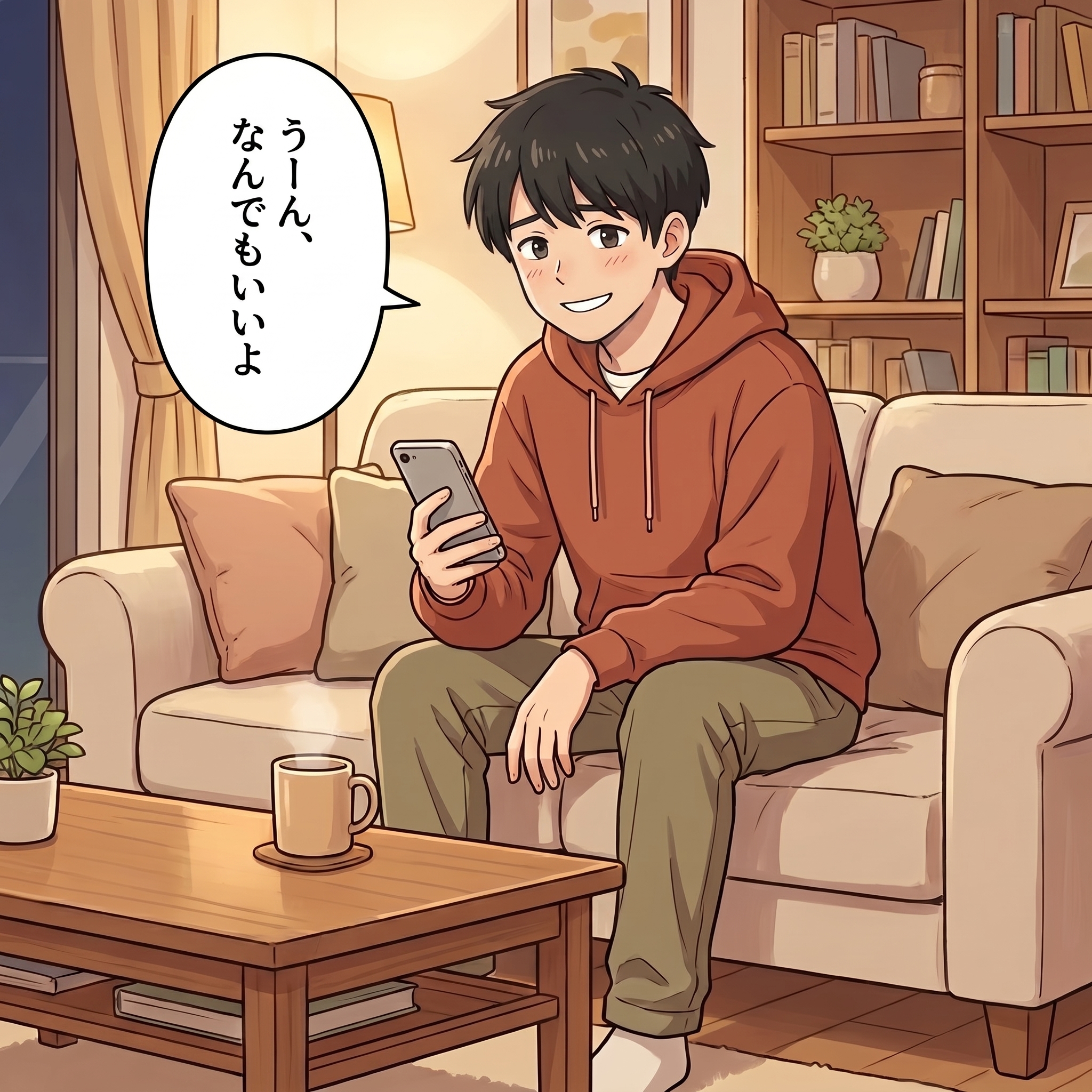 リビングのソファでスマホを見ている夫が、軽い調子で「うーん、なんでもいいよ」と答える。