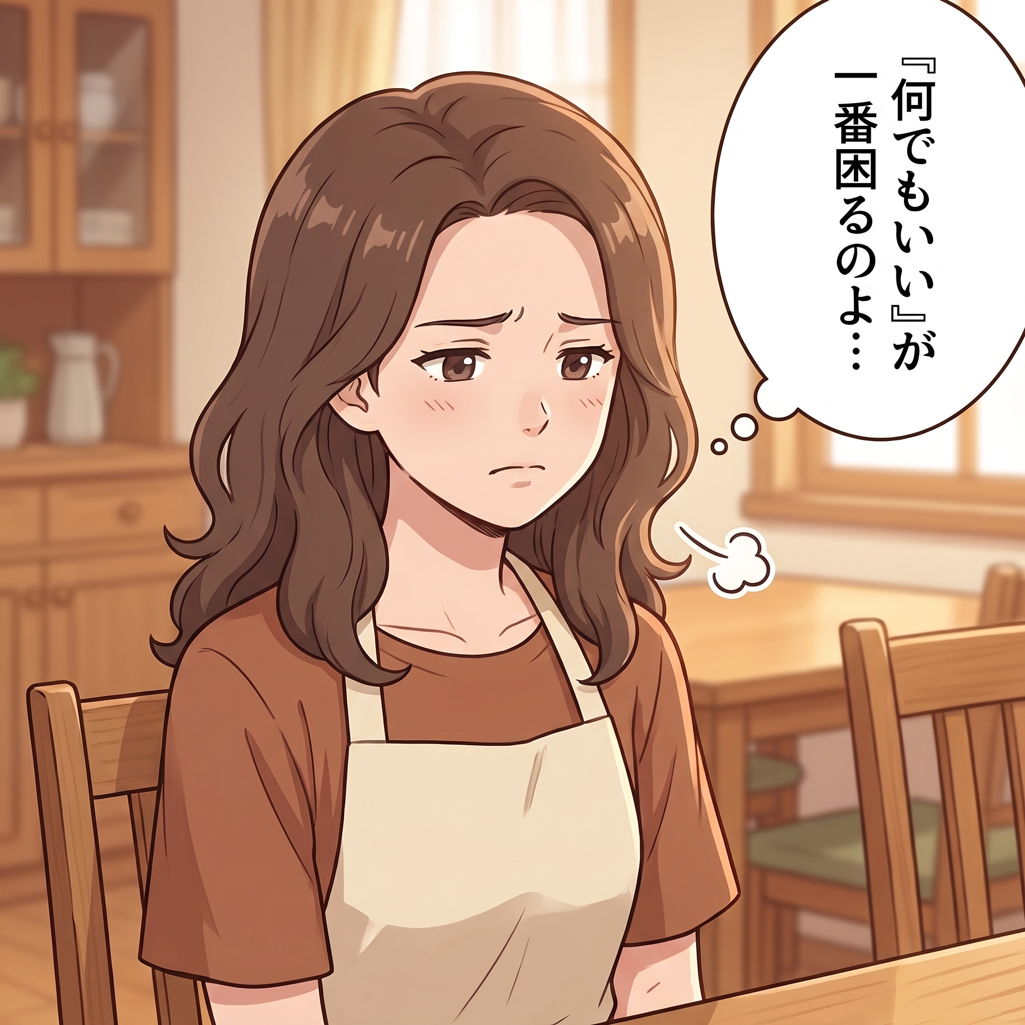 ダイニングの椅子で肩を落とす妻。「『何でもいい』が一番困るのよ…」とため息をつく。