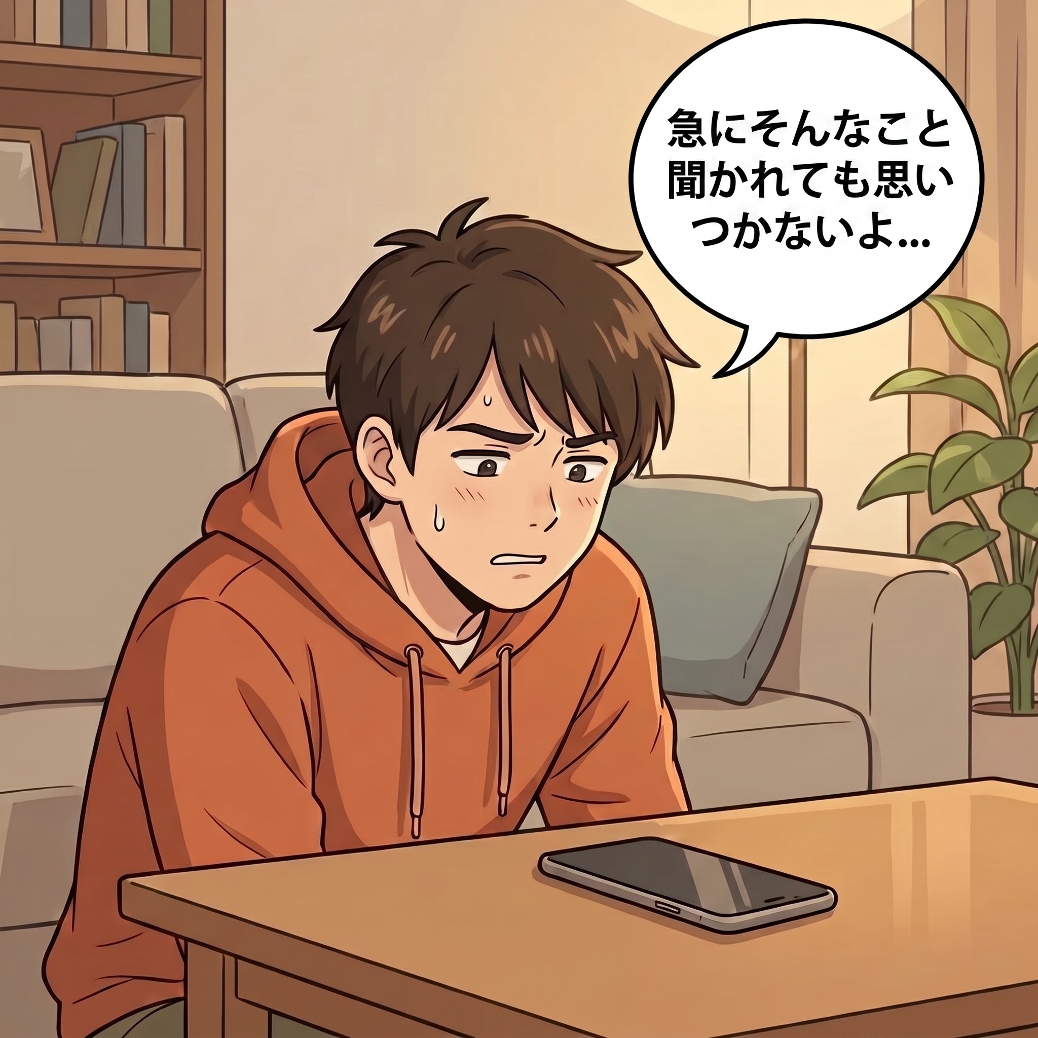 急に献立を振られて焦る夫。冷や汗をかきながら「急にそんなこと聞かれても思いつかないよ…」とつぶやく。
