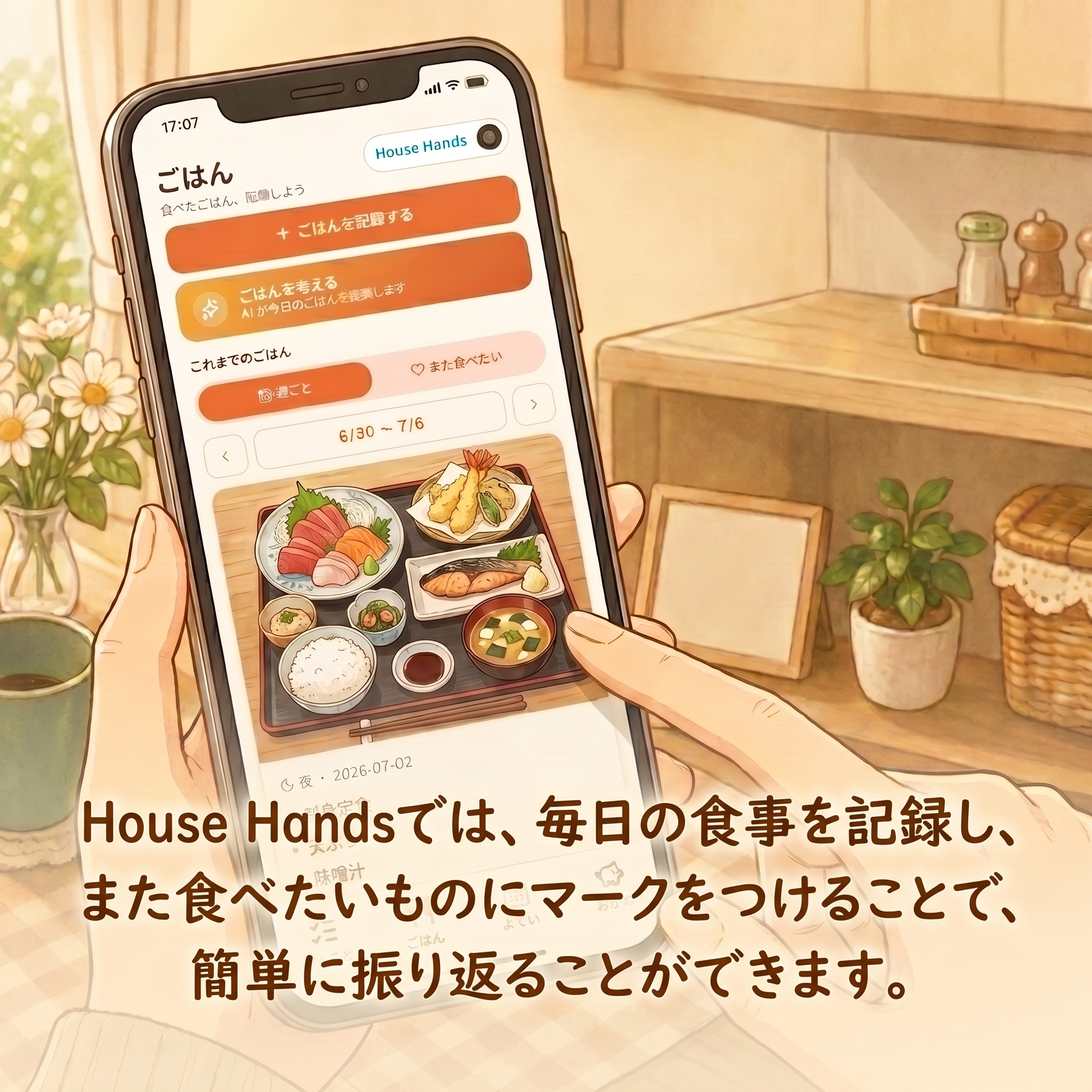 スマホに映る HouseHands の「ごはん」画面。食べたごはんを記録し、また食べたいものにマークを付けて、これまでの献立を週ごとに振り返れる様子。